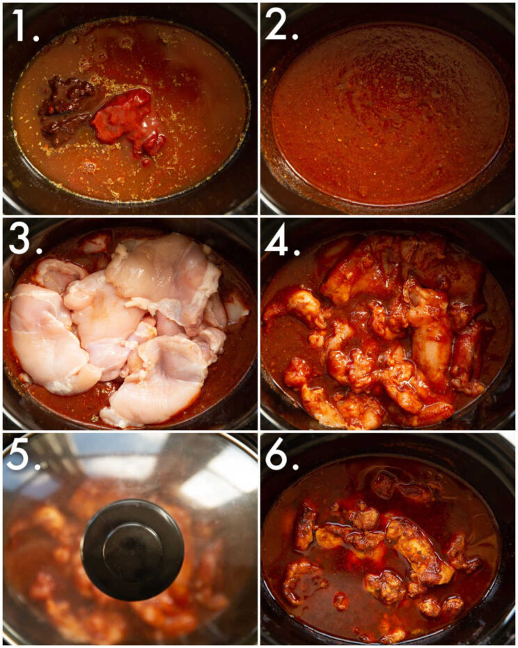 6 step by step photos showing how to make slow cooker honey chipotle chicken