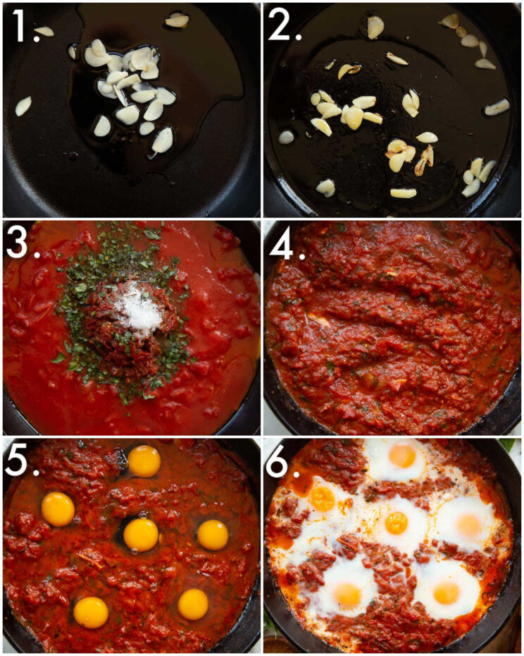 6 step by step photos showing how to make tomato baked eggs