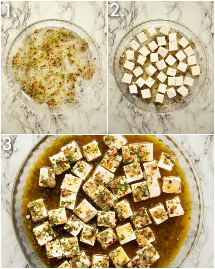 3 step by step photos showing how to marinate feta