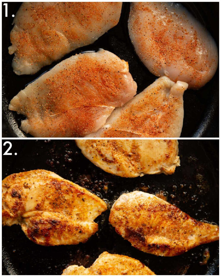 2 step by step photos showing how to pan fry chicken breast