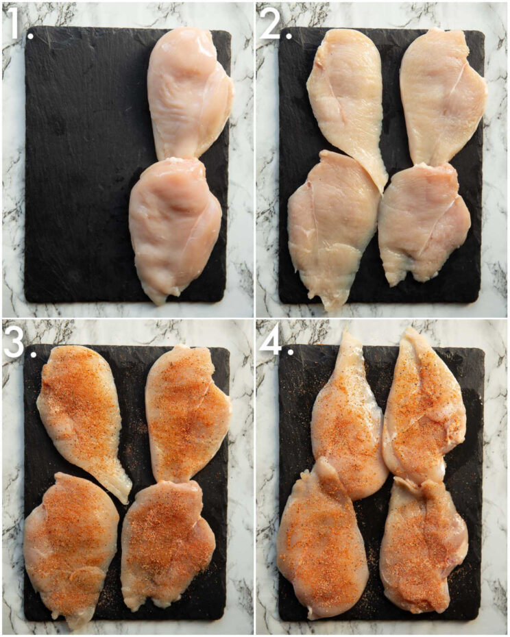 4 step by step photos showing how to prepare chicken for pasta