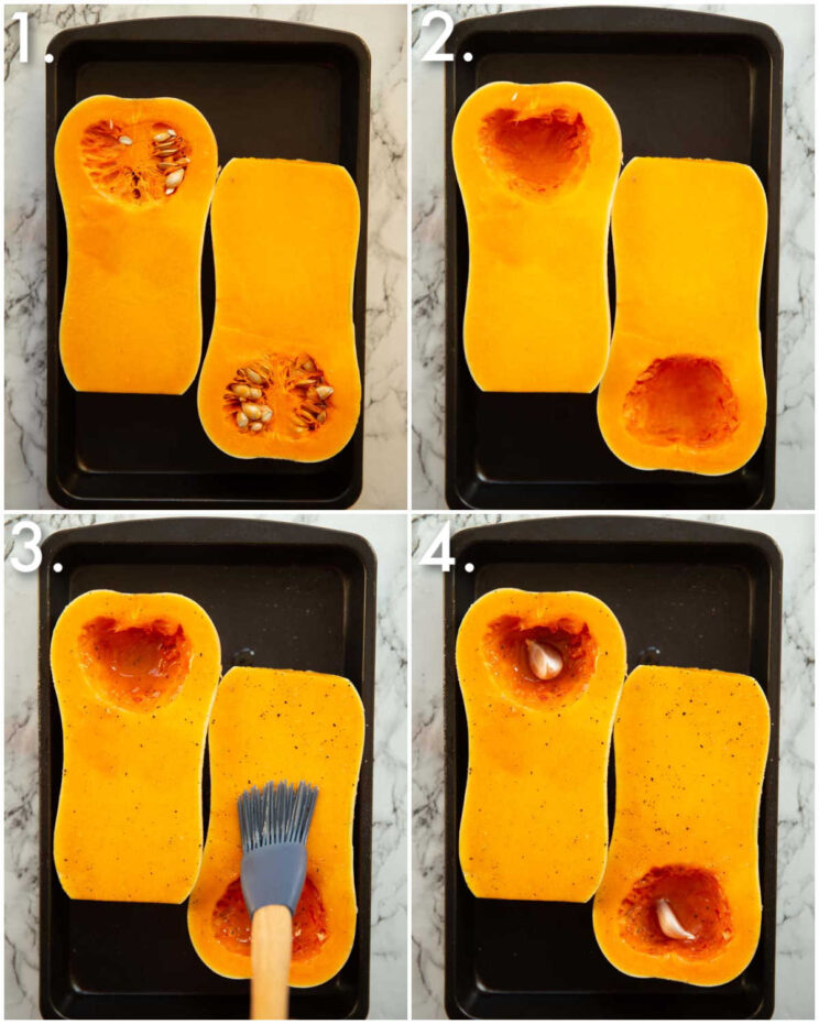 4 step by step photos showing how to roast butternut squash
