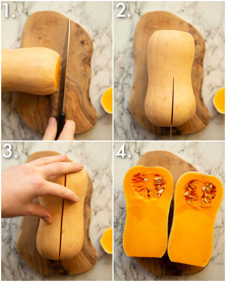 4 step by step photos showing how to slice butternut squash