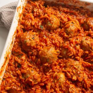 baked meatballs orzo in large baking dish