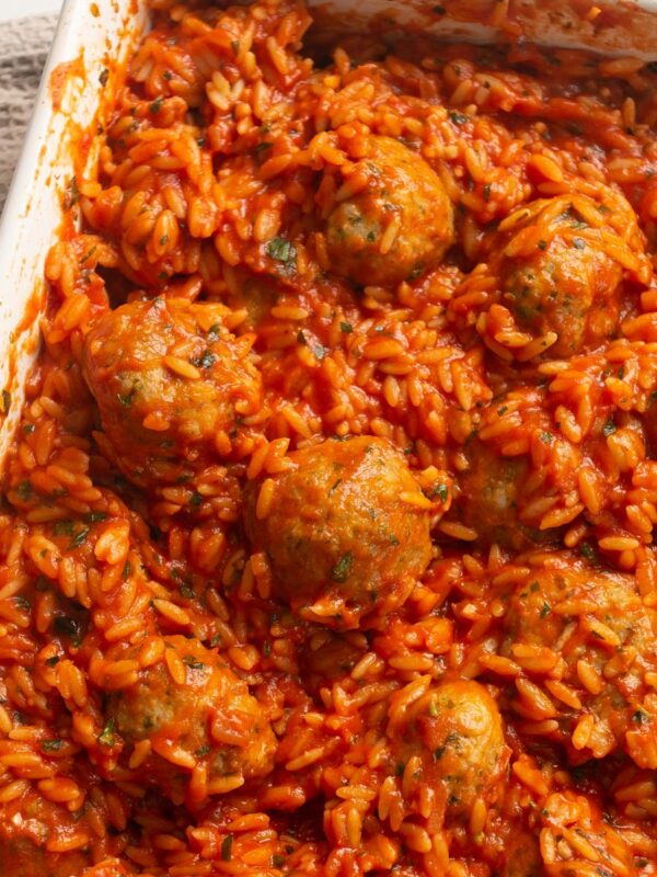 baked meatballs orzo in large baking dish