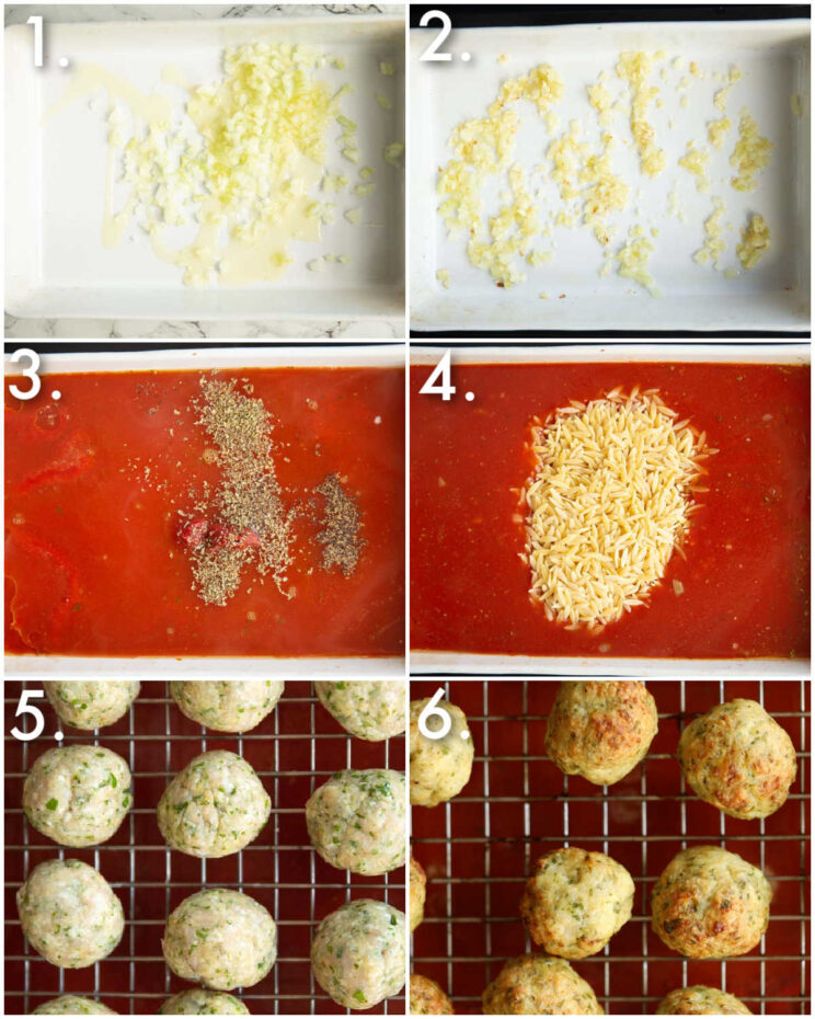 6 step by step photos showing how to bake meatballs and orzo