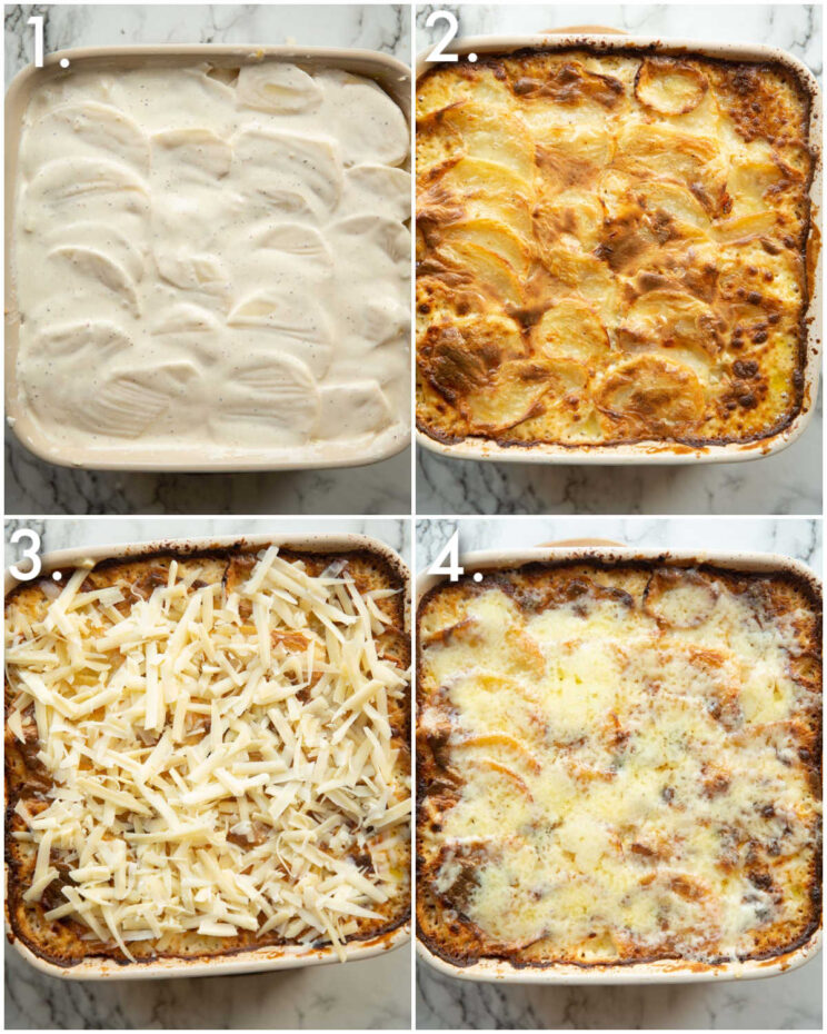 4 step by step photos showing how to cook bacon leek potato gratin