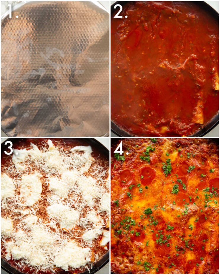 4 step by step photos showing how to cook cannelloni