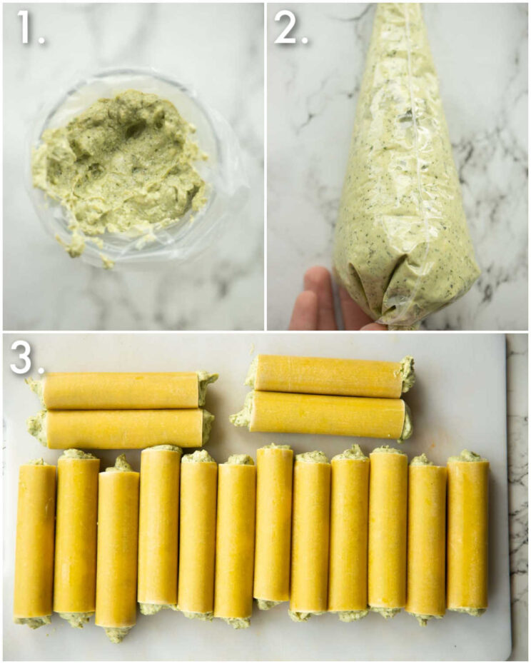 3 step by step photos showing how to fill cannelloni