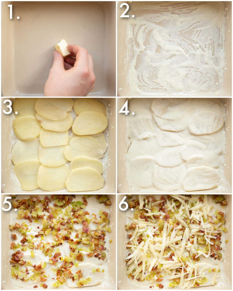 6 step by step photos showing how to make bacon leek potato gratin