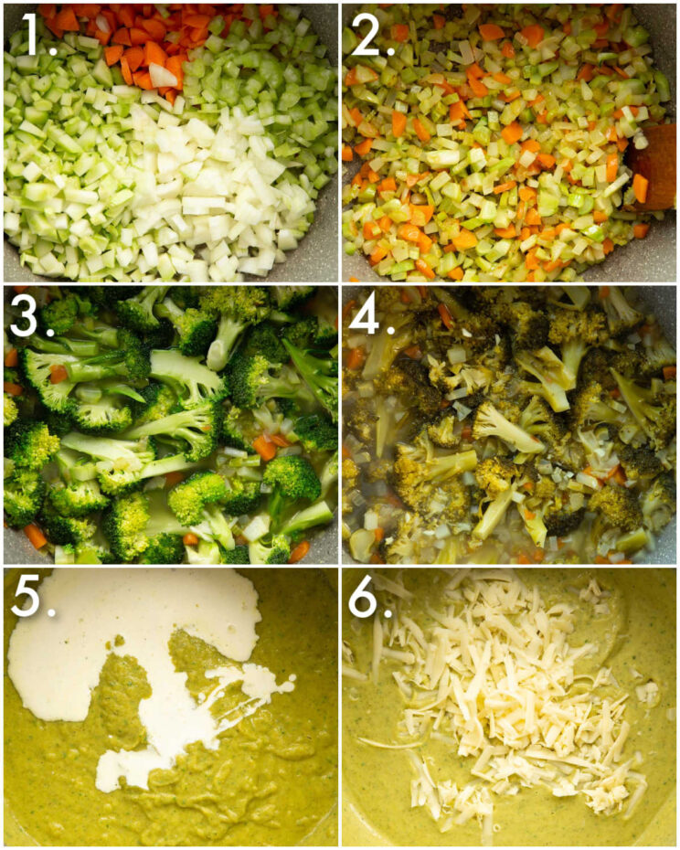 6 step by step photos showing how to make broccoli cheddar soup