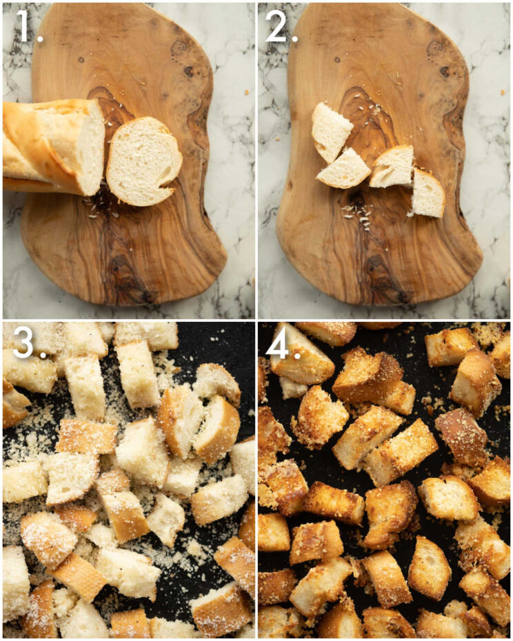 4 step by step photos showing how to make cheesy croutons
