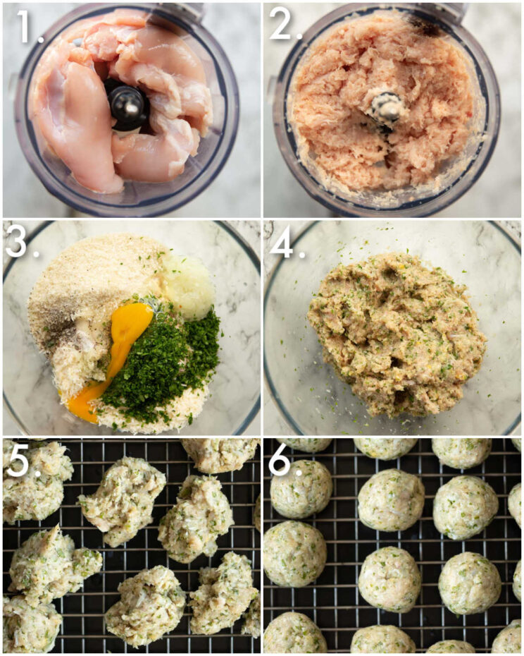 6 step by step photos showing how to make chicken meatballs