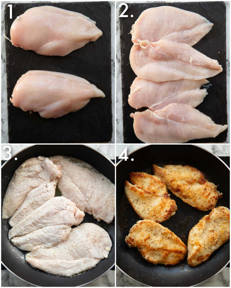 4 step by step photos showing how to make chicken piccata