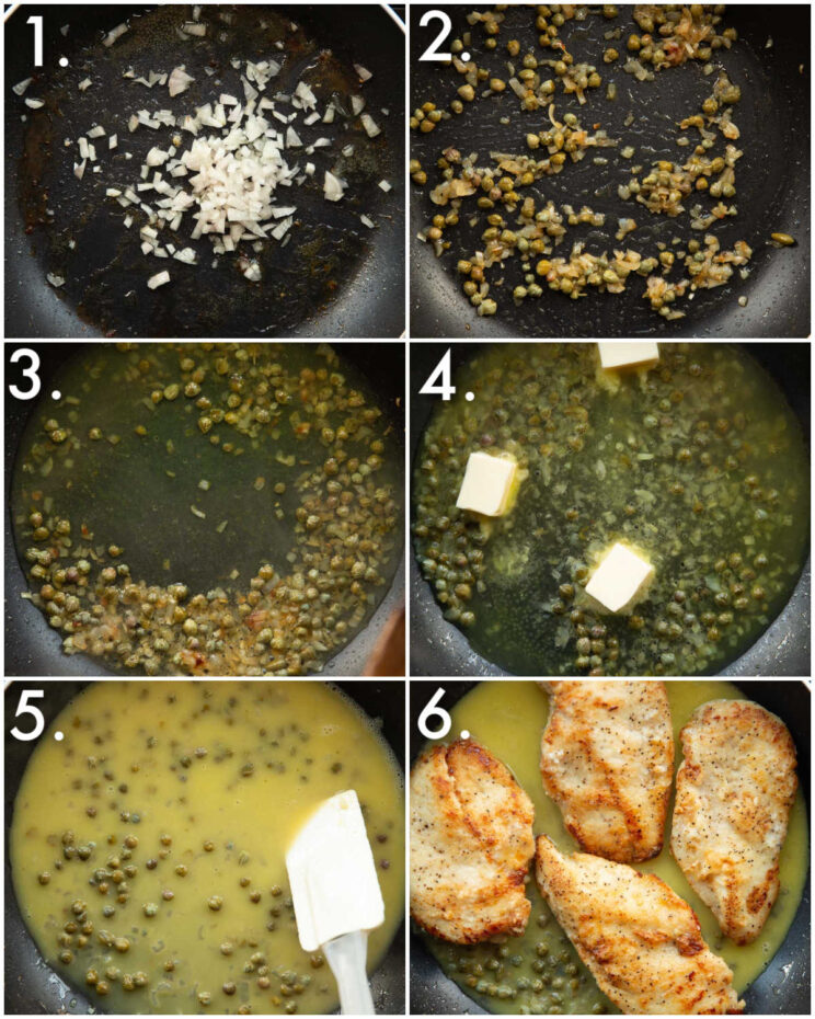 6 step by step photos showing how to make chicken piccata sauce