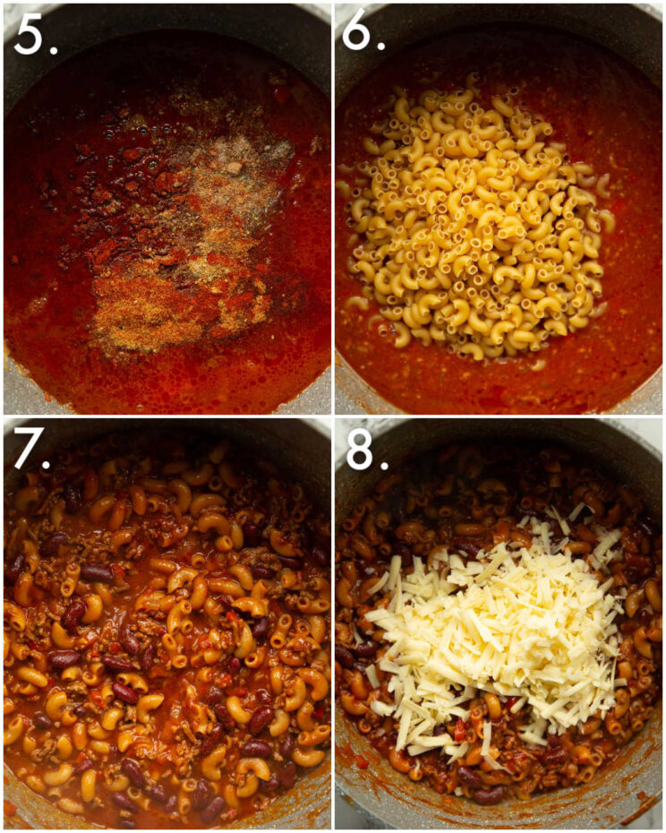 4 step by step photos showing how to make chili mac in one pot