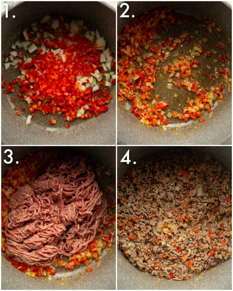 4 step by step photos showing how to make chili mac