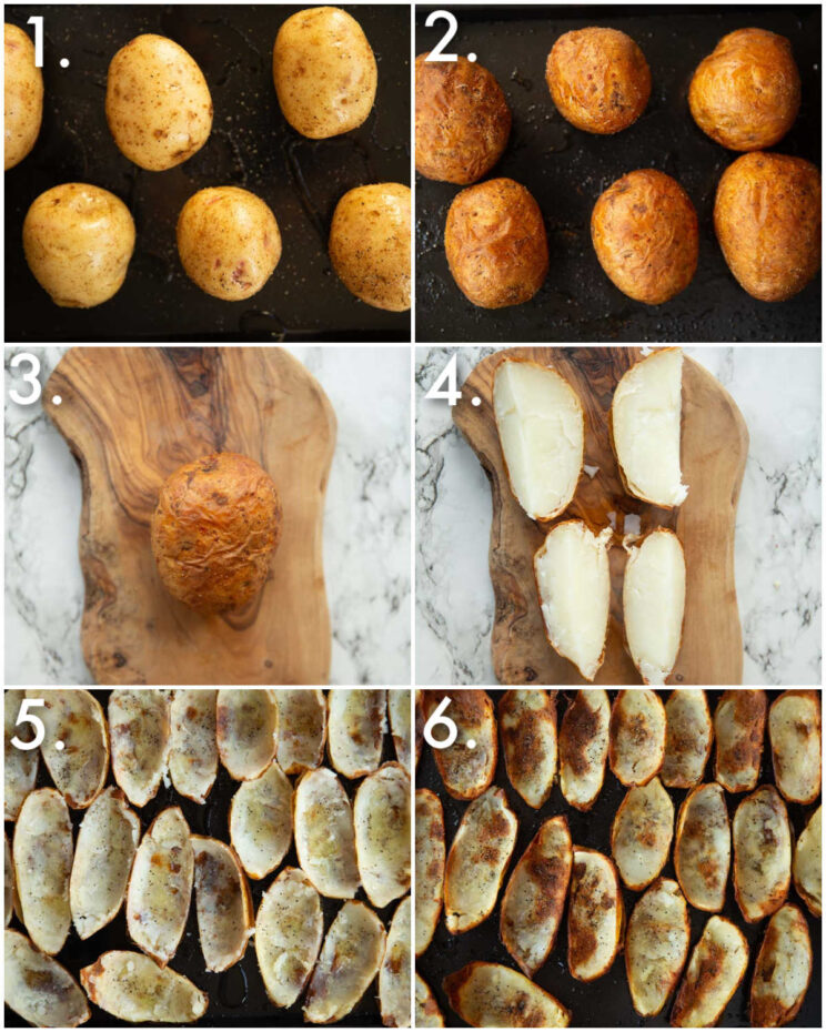 6 step by step photos showing how to make crispy potato skins