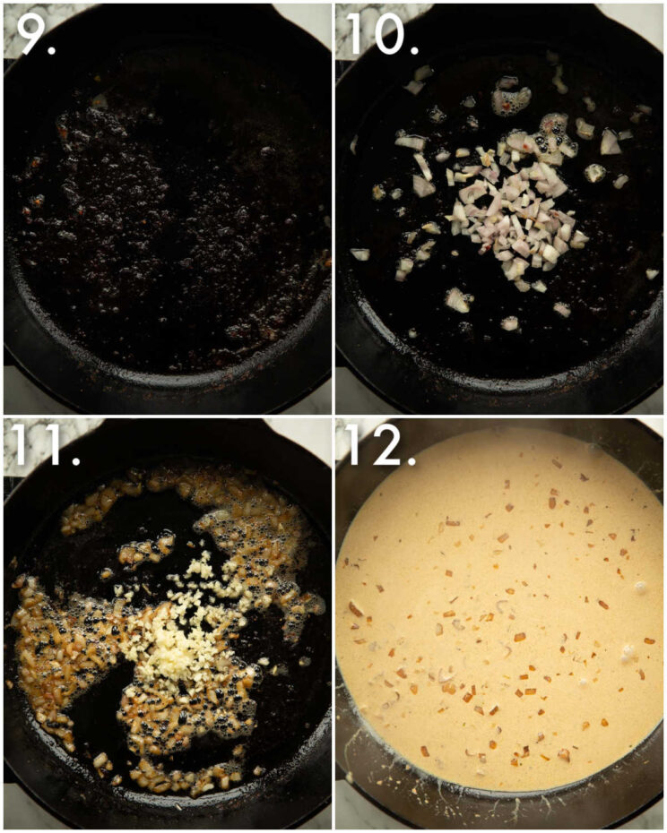 4 step by step photos showing how to make garlic cream sauce for pork