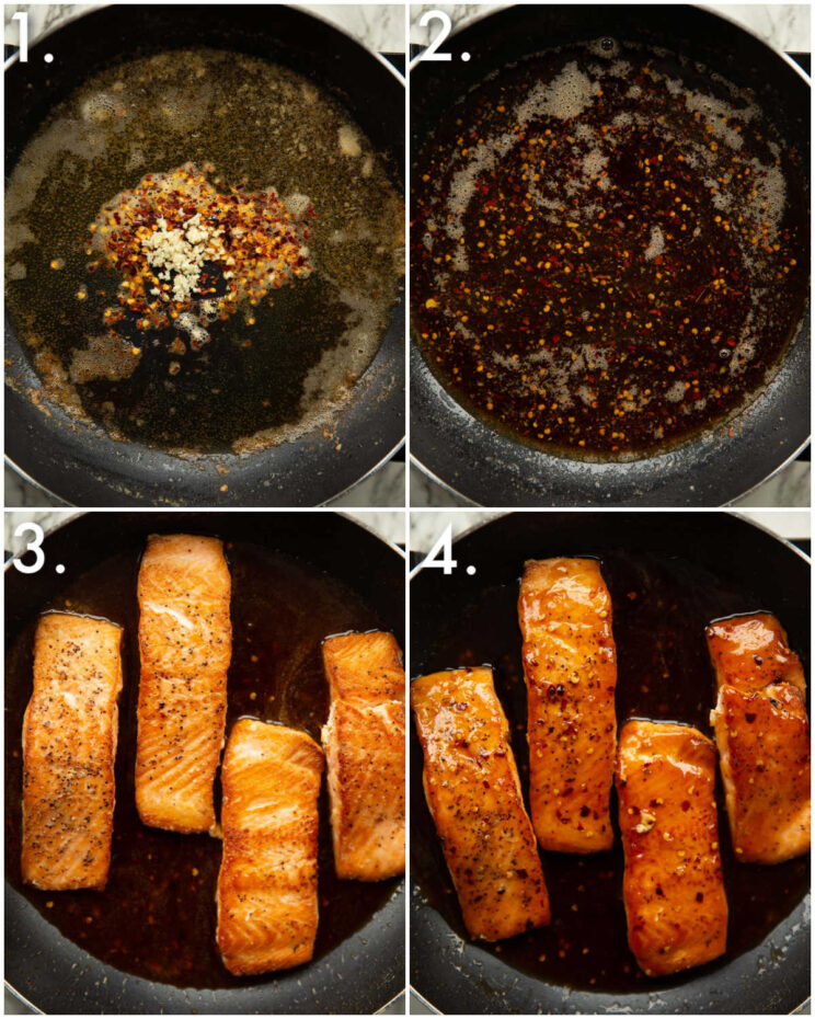 4 step by step photos showing how to make honey butter salmon