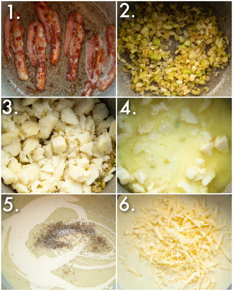 6 step by step photos showing how to make loaded potato soup