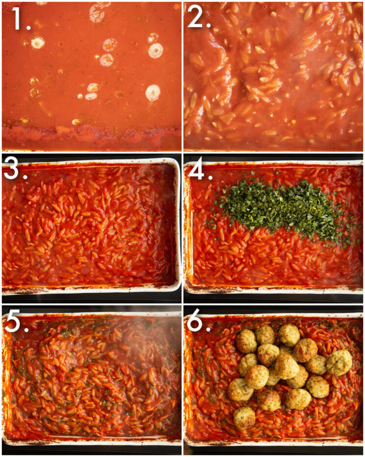 6 step by step photos showing how to make meatballs and orzo