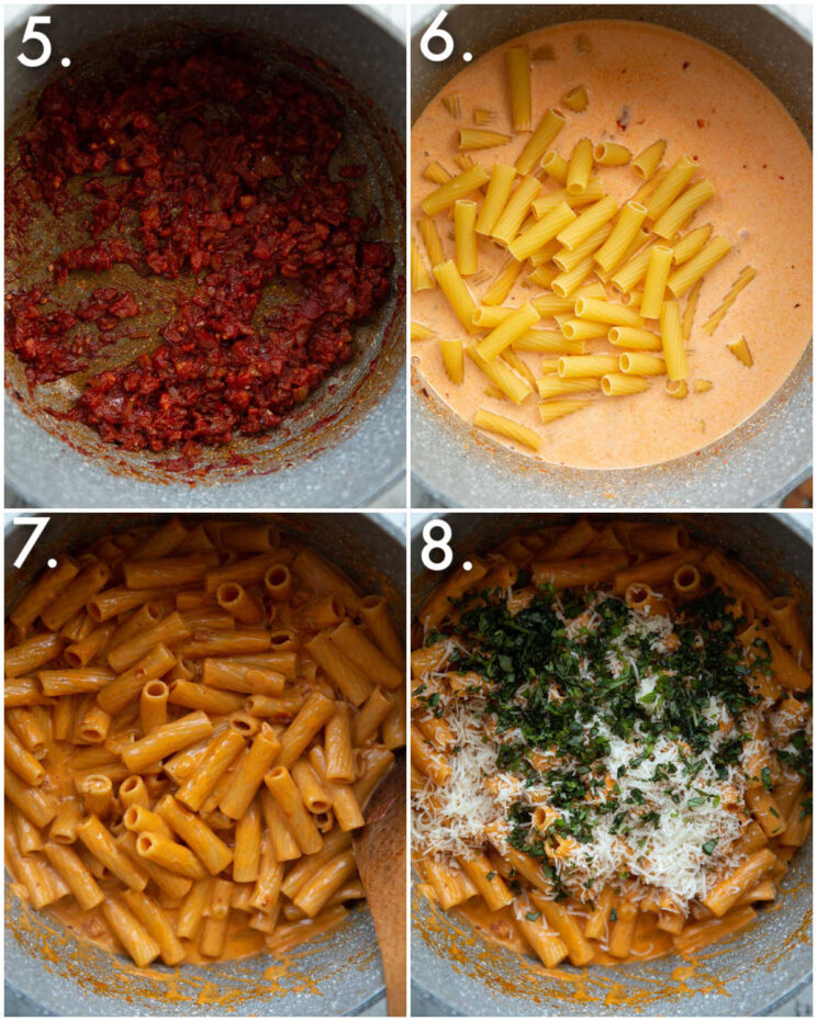 4 step by step photos showing how to make one pot spicy rigatoni
