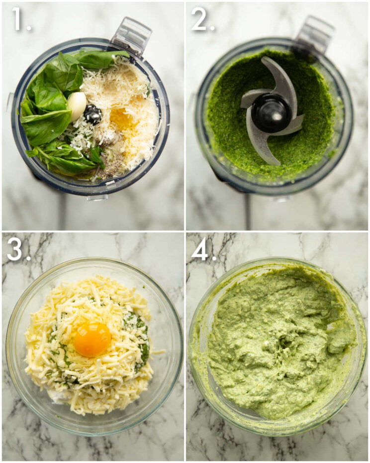 4 step by step photos showing how to make pesto ricotta