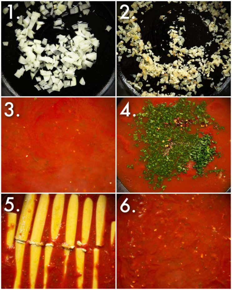6 step by step photos showing how to make ricotta cannelloni