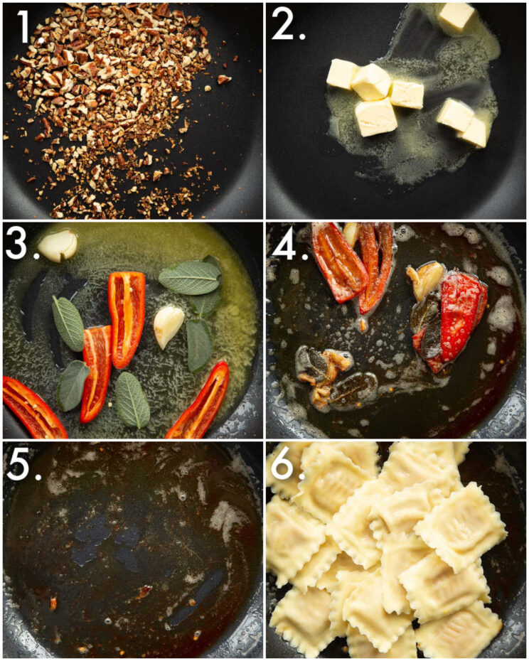 6 step by step photos showing how to make sauce for pumpkin ravioli