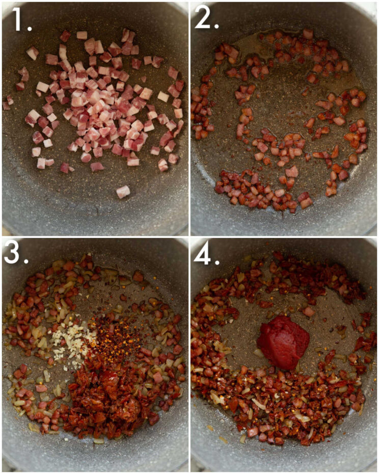 4 step by step photos showing how to make spicy rigatoni