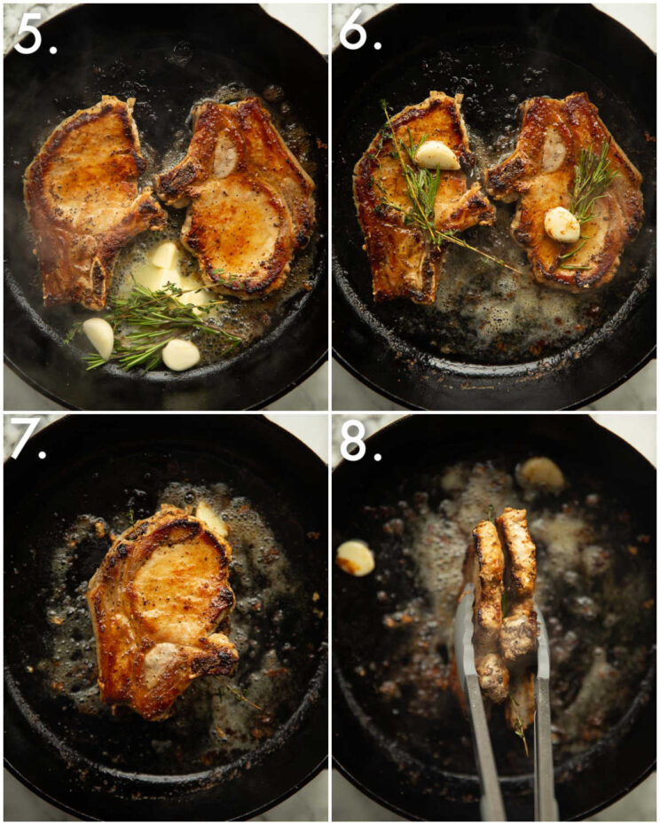 4 step by step photos showing how to pan fry pork chops
