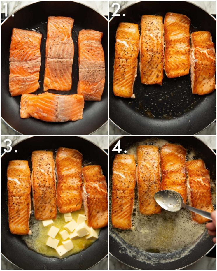 4 step by step photos showing how to pan fry salmon