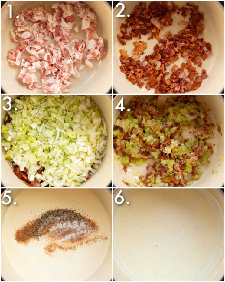 6 step by step photos showing how to prepare bacon leek potato gratin