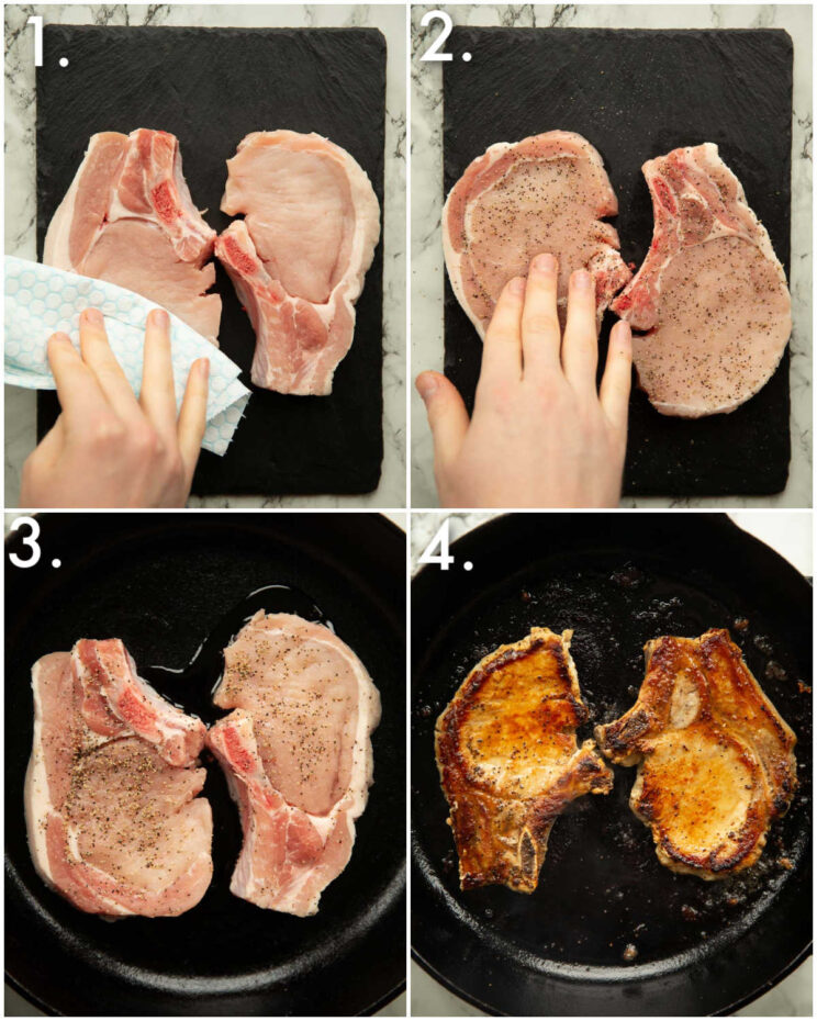 4 step by step photos showing how to prepare pork chops