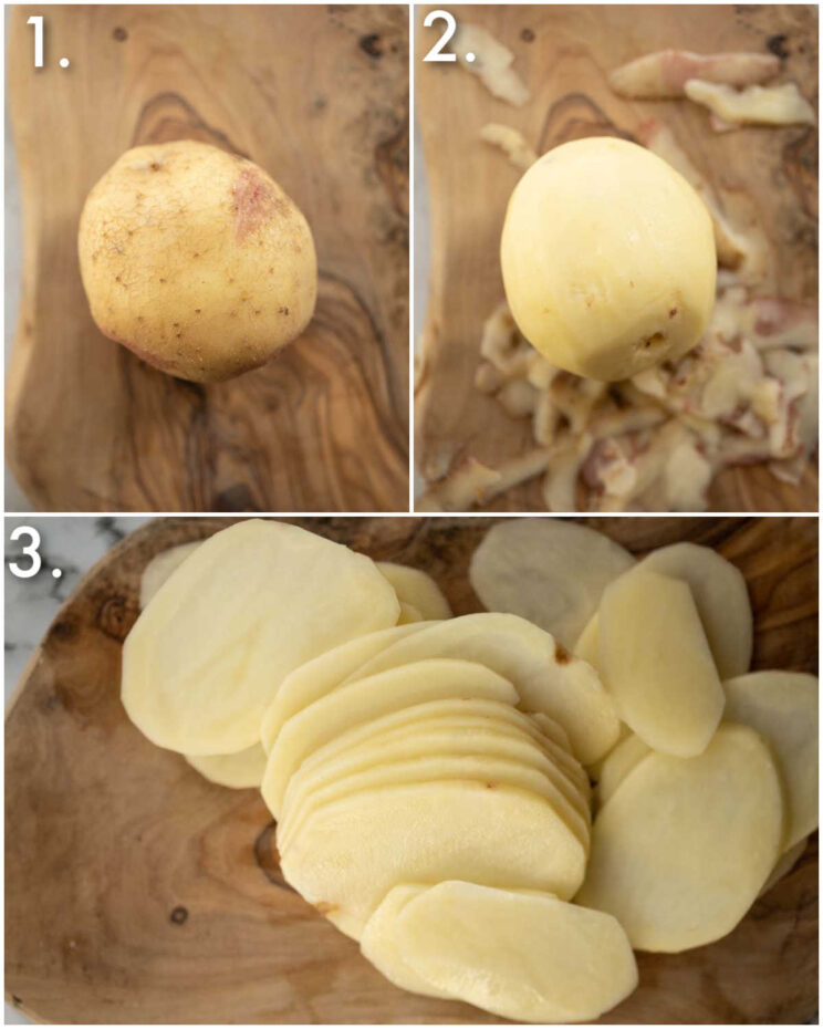 3 step by step photos showing how to prepare potatoes for gratin