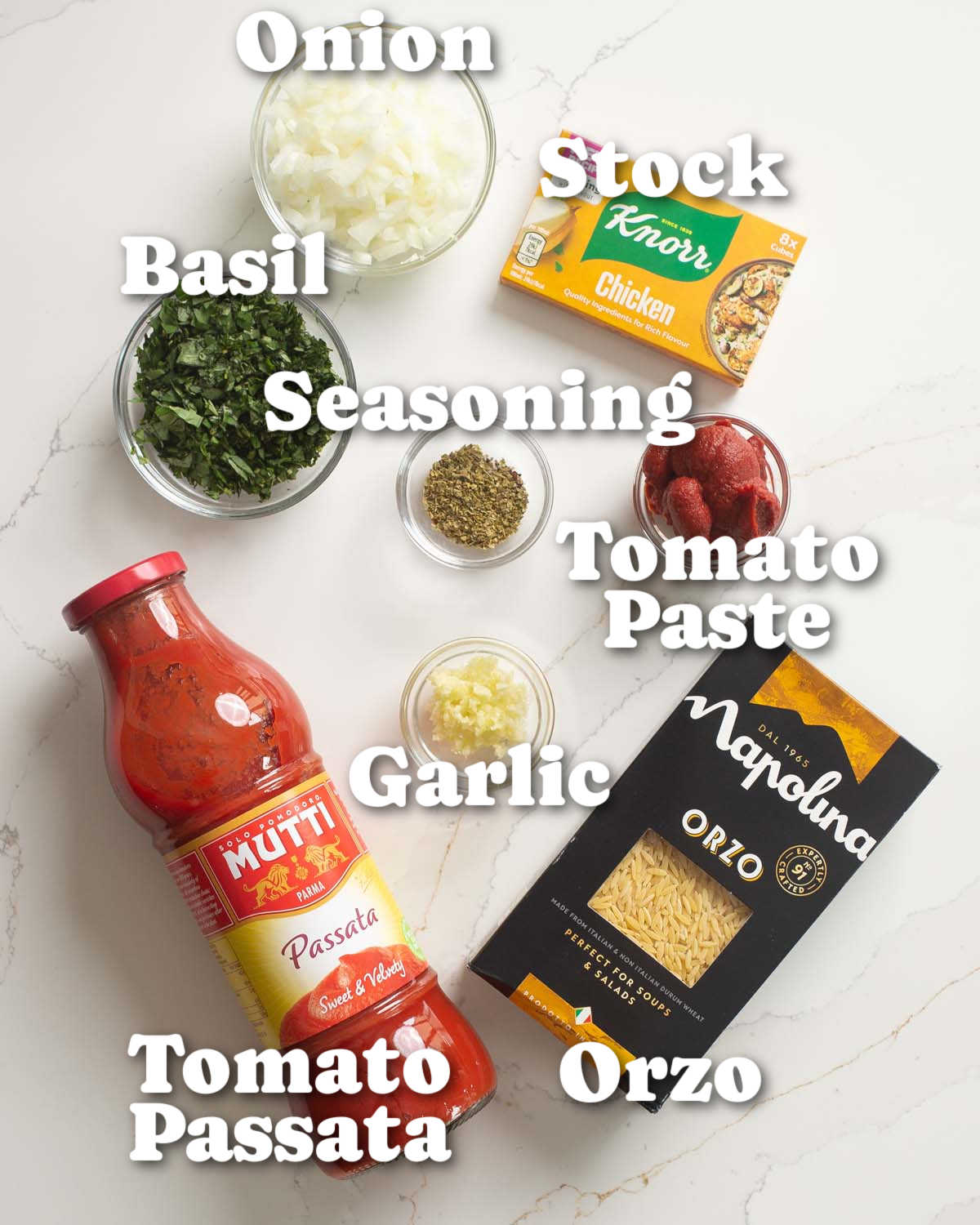 overhead shot of orzo sauce ingredients with text labels