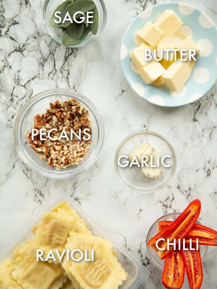 overhead shot of ravioli brown butter ingredients with text labels