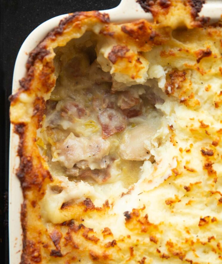 close up overhead showing chicken bacon pie filling in dish