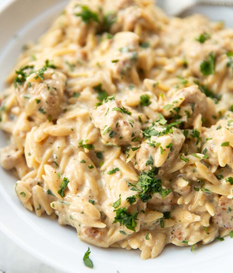 close up shot of garlic parmesan orzo sausage in small white bowl