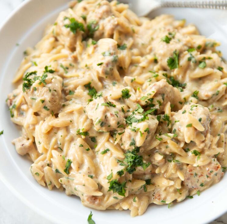 close up shot of garlic parmesan sausage orzo in small white bowl garnished with parsley