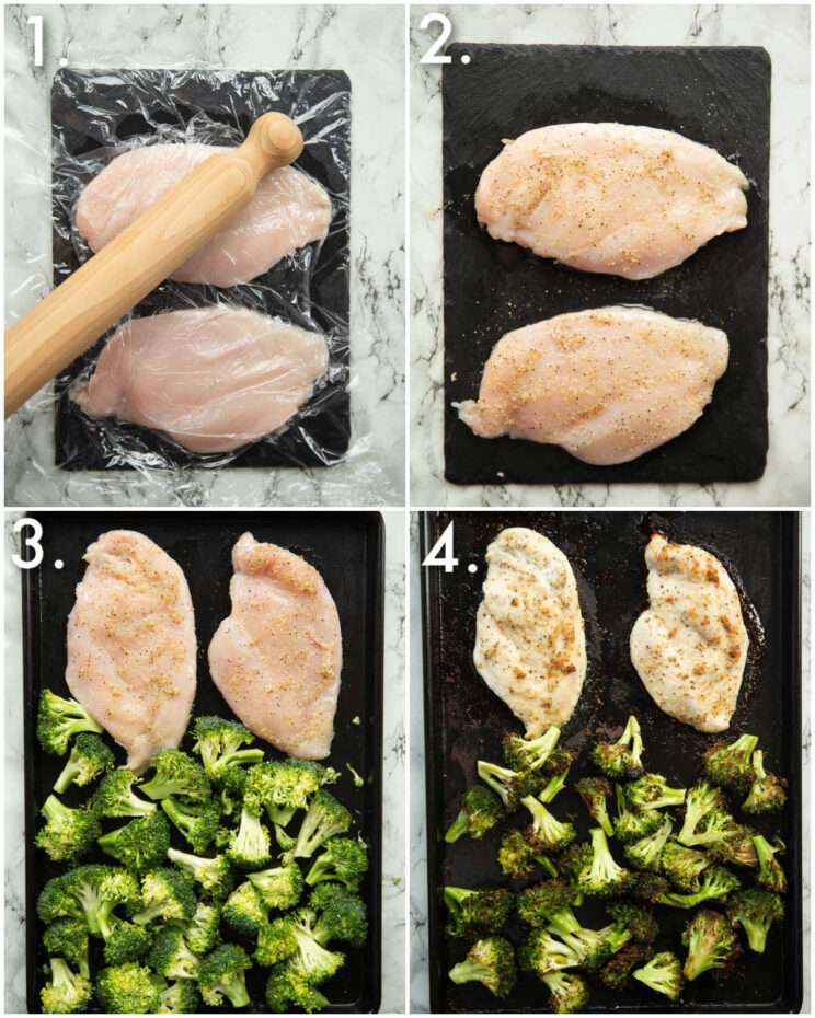 4 step by step photos showing how to bake chicken and broccoli