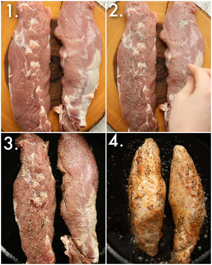4 step by step photos showing how to cook pork tenderloin
