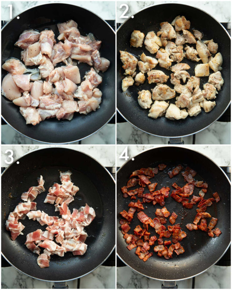 4 step by step photos showing how to fry chicken and bacon