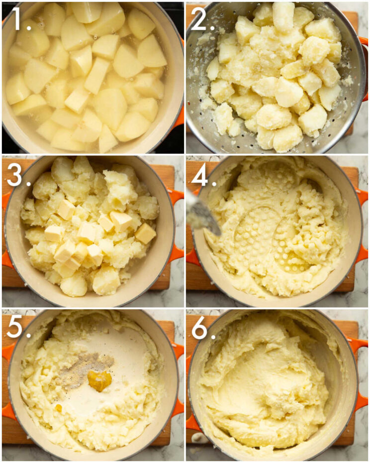 6 step by step photos showing how to make British mashed potatoes