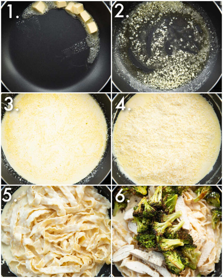 6 step by step photos showing how to make chicken and broccoli pasta