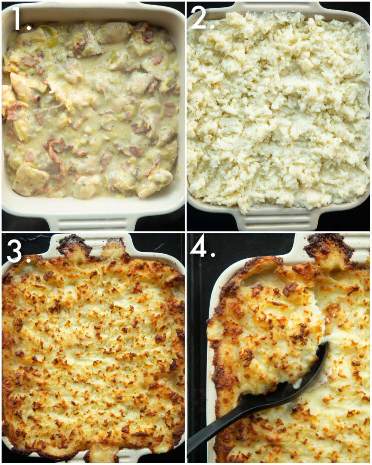 4 step by step photos showing how to make chicken bacon pie
