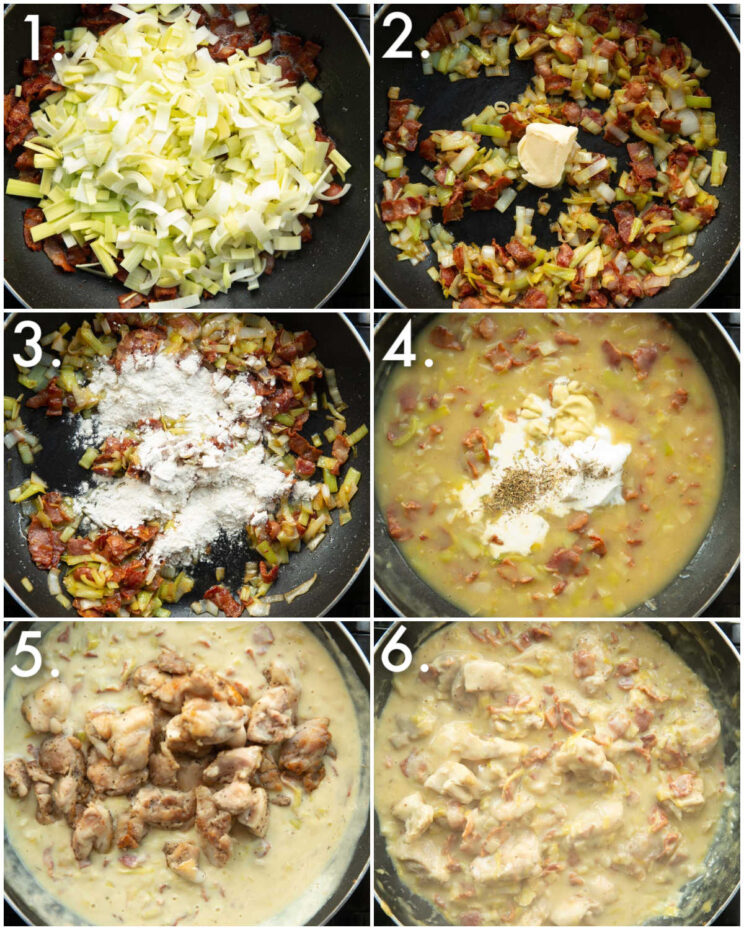6 step by step photos showing how to make chicken bacon pie filling