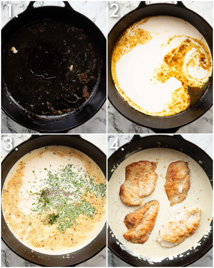 4 step by step photos showing how to make creamy garlic chicken