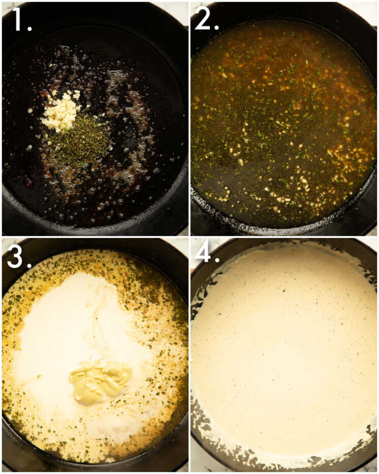 4 step by step photos showing how to make creamy mustard sauce